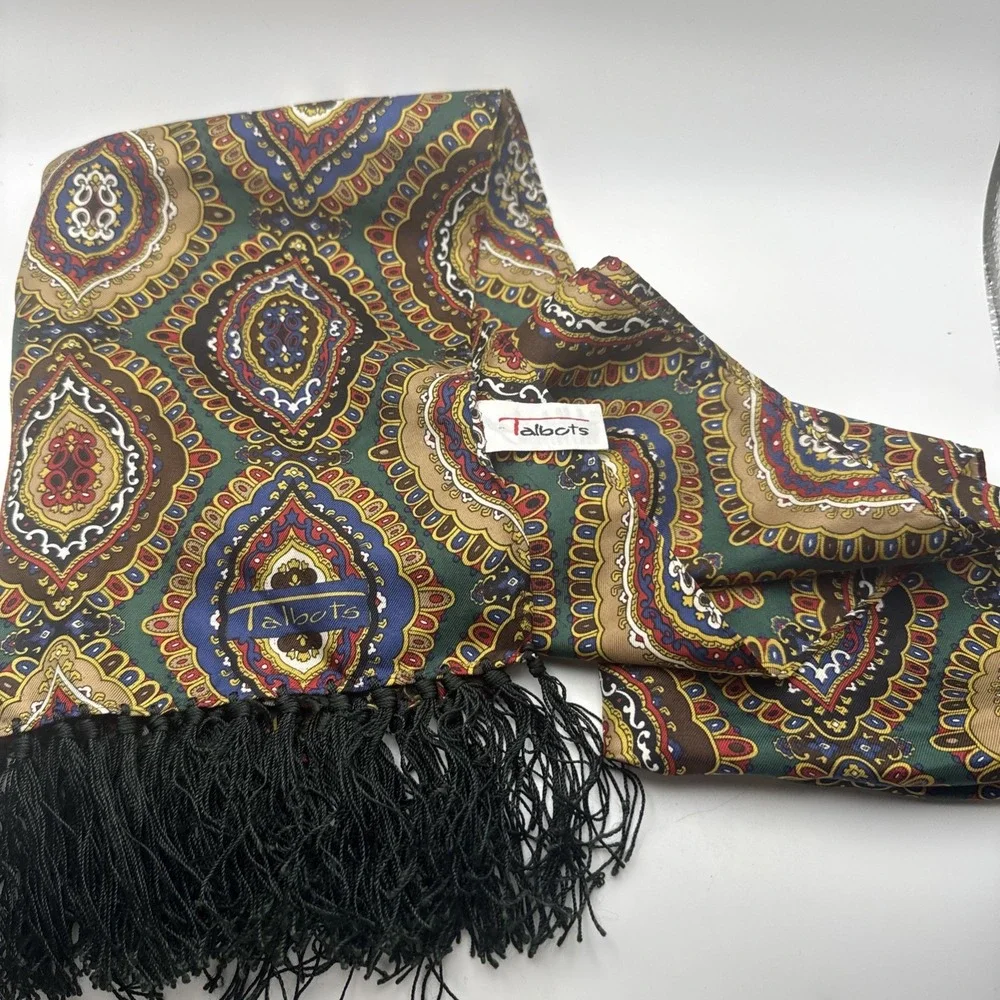 Talbots 100% Silk Fringe Scarf Green Paisley Medallion Print Women's Wrap